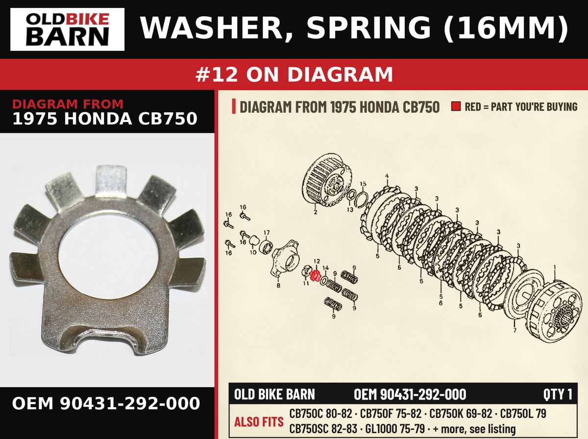 WASHER, SPRING (16MM) OEM 90431-292-000 diagram #12 from 1975 HONDA CB750 | Old Bike Barn