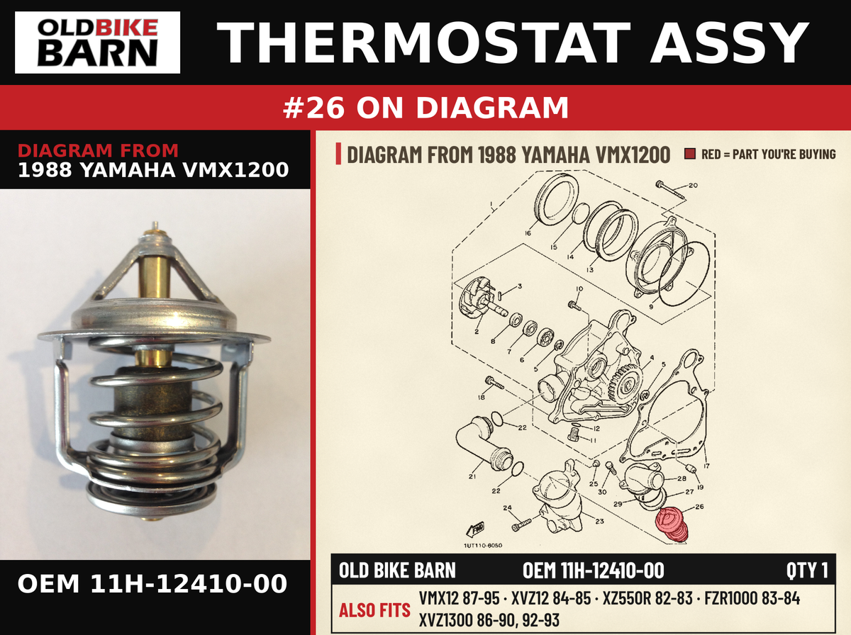 THERMOSTAT ASSY OEM 11H-12410-00 diagram #26 from 1988 YAMAHA VMX1200 | Old Bike Barn