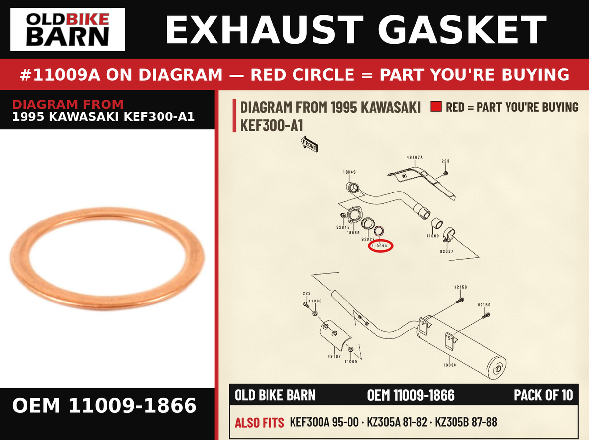 EXHAUST GASKET OEM 11009-1866 diagram #11009A from 1995 KAWASAKI KEF300-A1 | Old Bike Barn