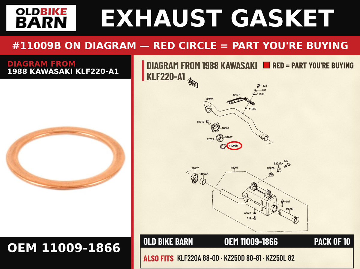 EXHAUST GASKET OEM 11009-1866 diagram #11009B from 1988 KAWASAKI KLF220-A1 | Old Bike Barn