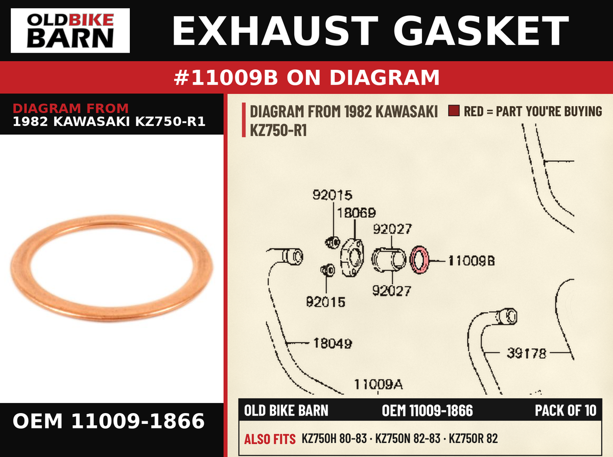 EXHAUST GASKET OEM 11009-1866 diagram #11009B from 1982 KAWASAKI KZ750-R1 | Old Bike Barn