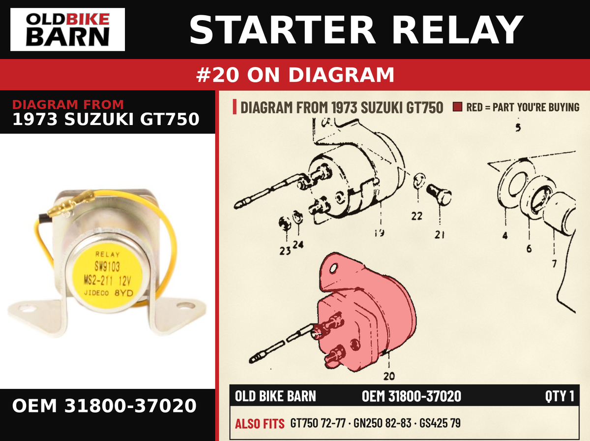 STARTER RELAY OEM 31800-37020 diagram #20 from 1973 SUZUKI GT750 | Old Bike Barn