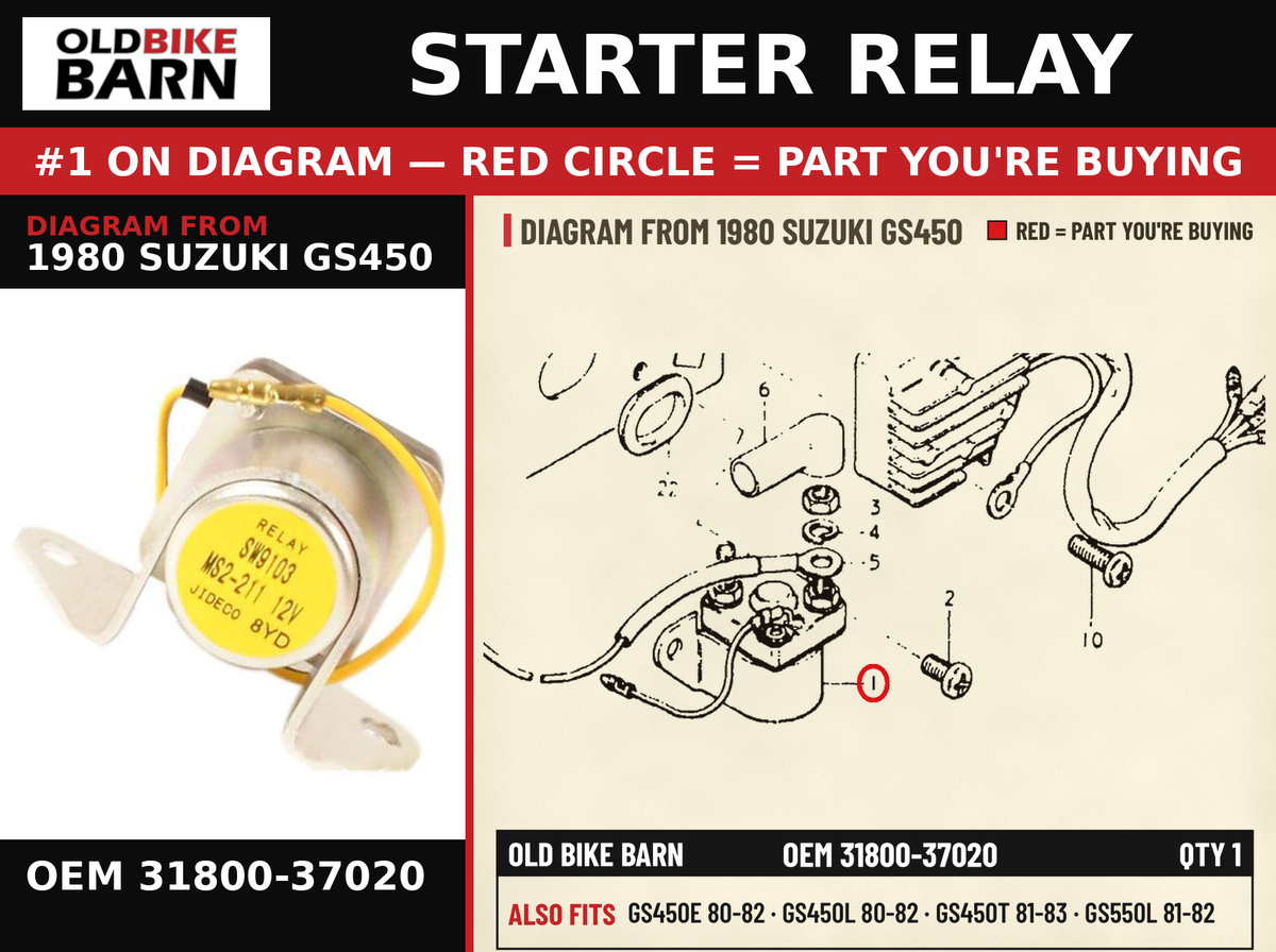 STARTER RELAY OEM 31800-37020 diagram #1 from 1980 SUZUKI GS450 | Old Bike Barn