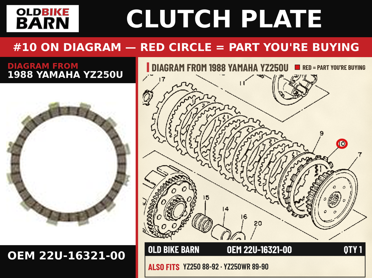 CLUTCH PLATE OEM 22U-16321-00 diagram #10 from 1988 YAMAHA YZ250U | Old Bike Barn