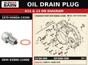 OIL DRAIN PLUG OEM 92800-12000 diagram #11 & 13 from 1979 HONDA CX500 | Old Bike Barn