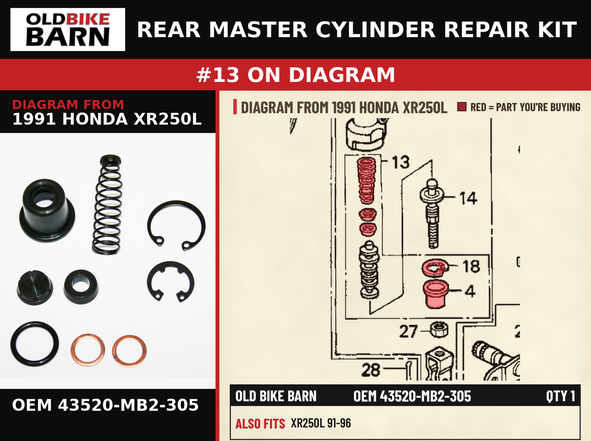 REAR MASTER CYLINDER REPAIR KIT OEM 43520-MB2-305 diagram #13 from 1991 HONDA XR250L | Old Bike Barn