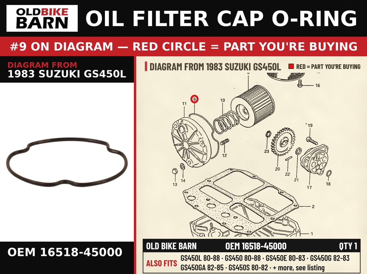 OIL FILTER CAP O-RING OEM 16518-45000 diagram #9 from 1983 SUZUKI GS450L | Old Bike Barn
