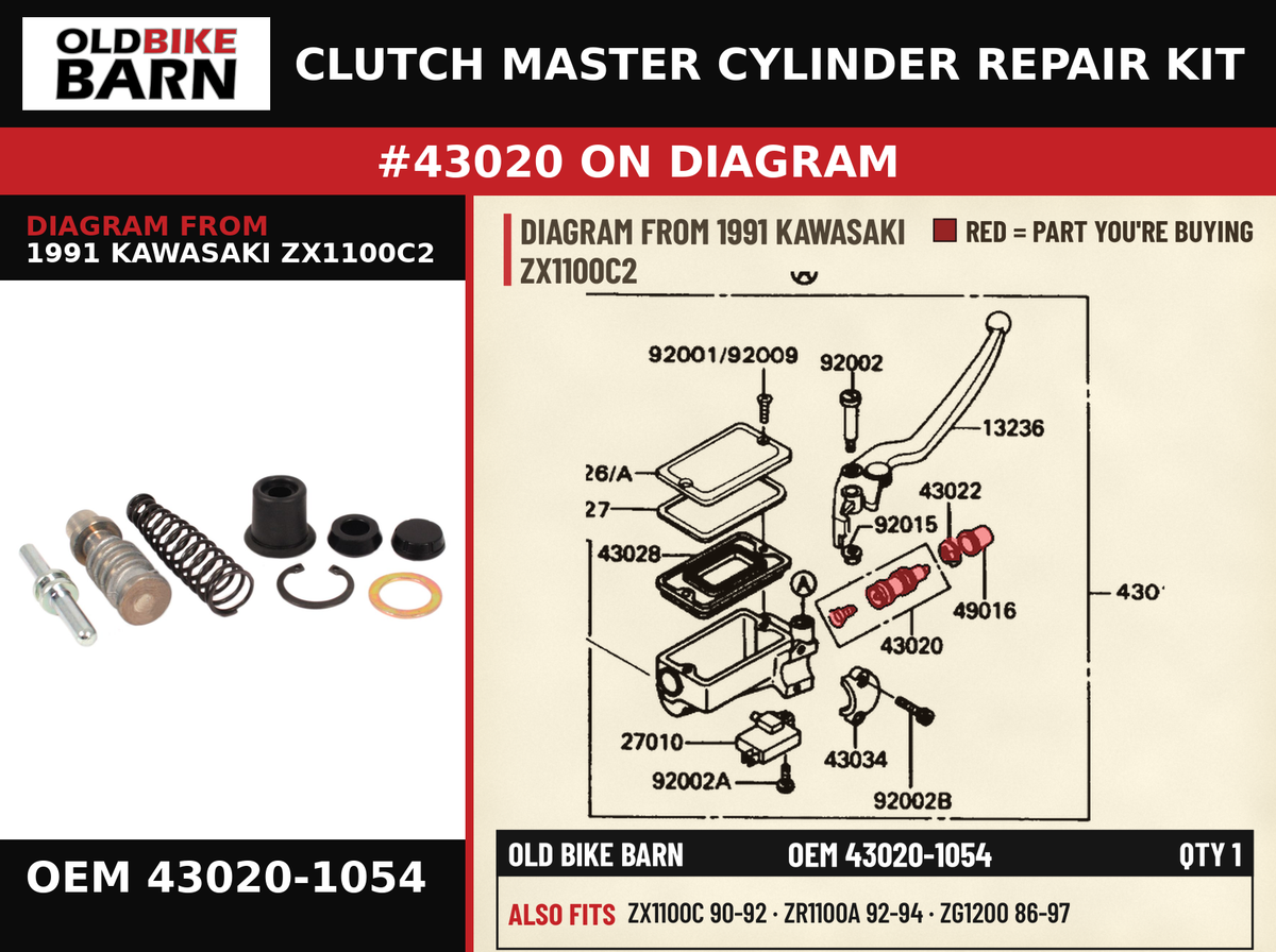 CLUTCH MASTER CYLINDER REPAIR KIT OEM 43020-1054 diagram #43020 from 1991 KAWASAKI ZX1100C2 | Old Bike Barn