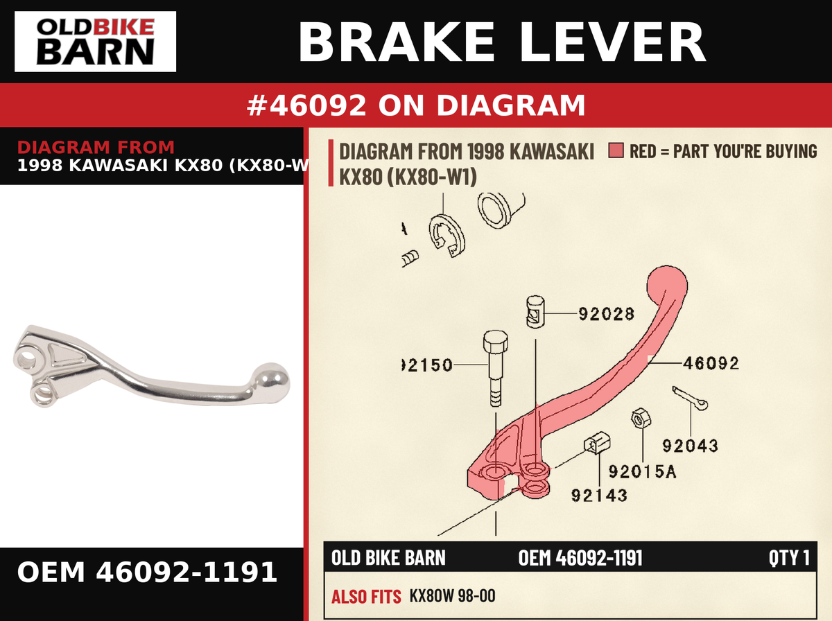BRAKE LEVER OEM 46092-1191 diagram #46092 from 1998 KAWASAKI KX80 (KX80-W1) | Old Bike Barn