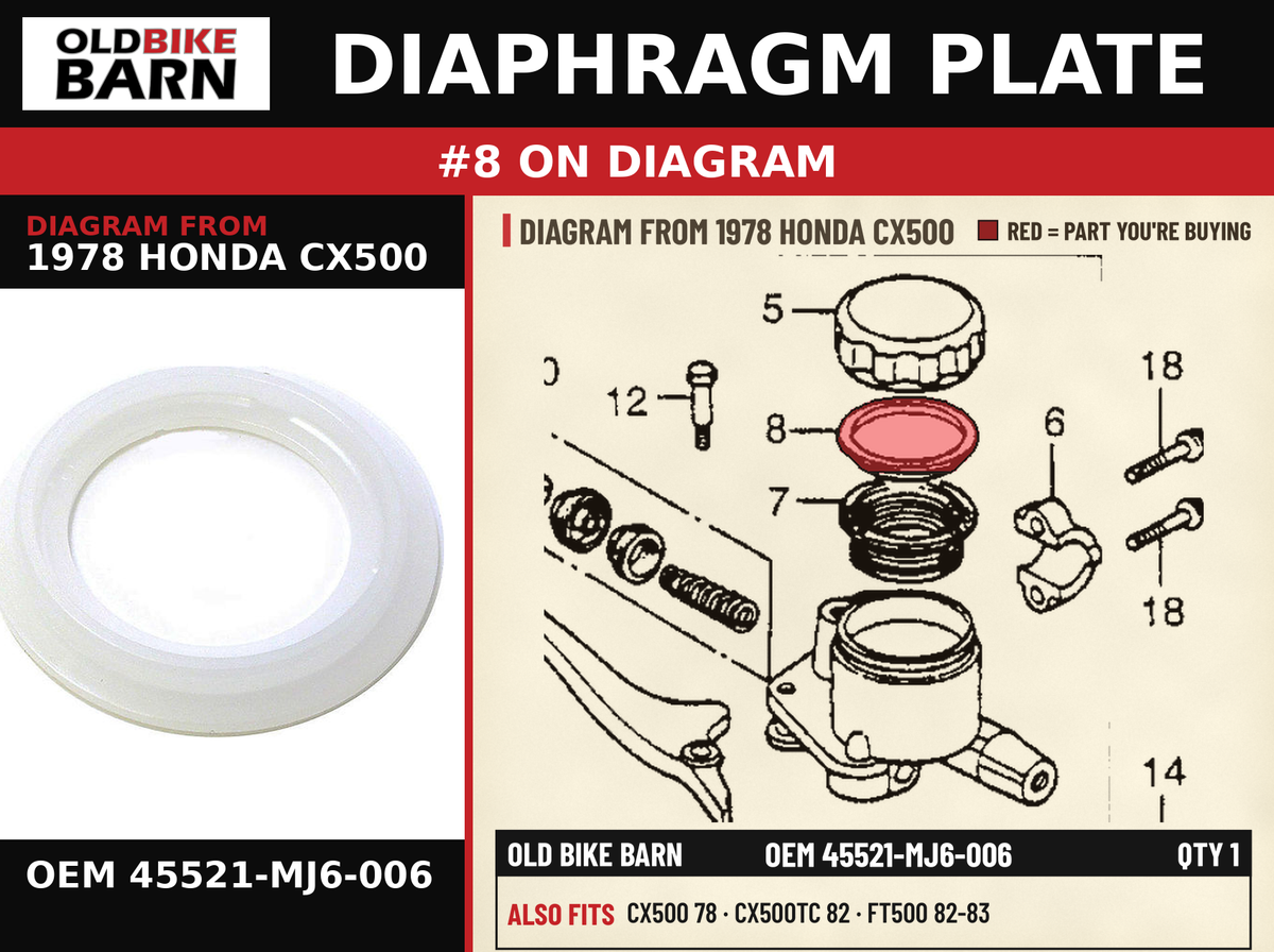 DIAPHRAGM PLATE OEM 45521-MJ6-006 diagram #8 from 1978 HONDA CX500 | Old Bike Barn