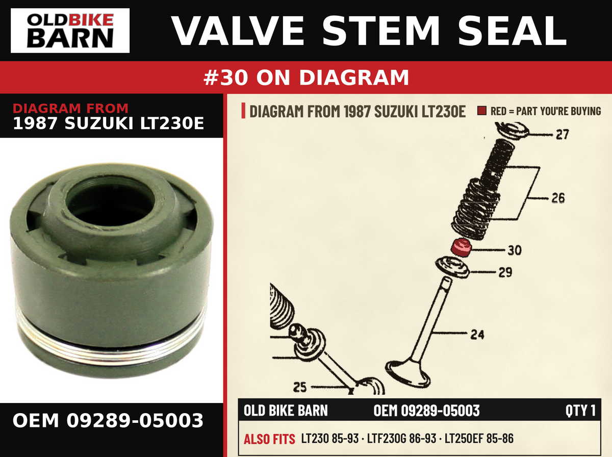 VALVE STEM SEAL OEM 09289-05003 diagram #30 from 1987 SUZUKI LT230E | Old Bike Barn