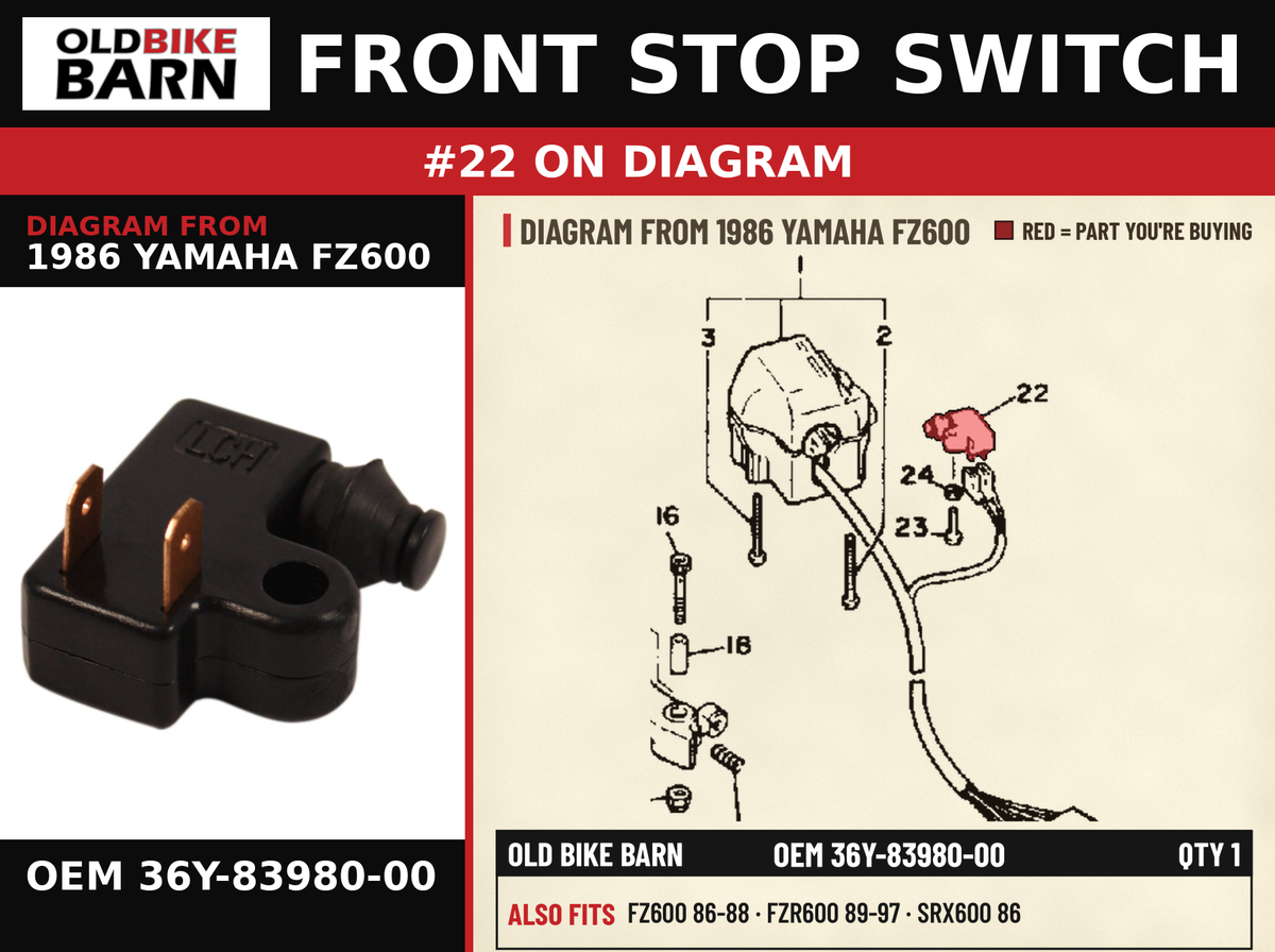 FRONT STOP SWITCH OEM 36Y-83980-00 diagram #22 from 1986 YAMAHA FZ600 | Old Bike Barn
