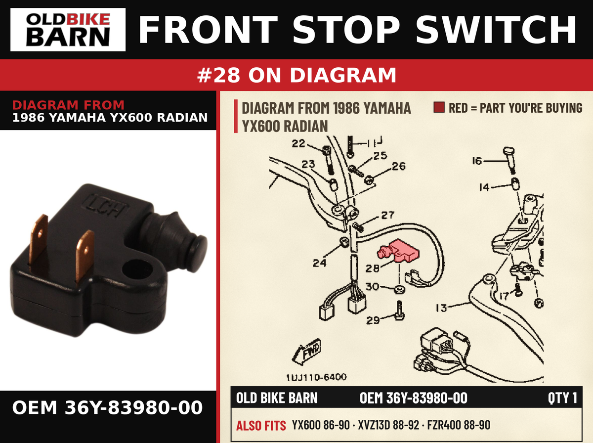 FRONT STOP SWITCH OEM 36Y-83980-00 diagram #28 from 1986 YAMAHA YX600 RADIAN | Old Bike Barn