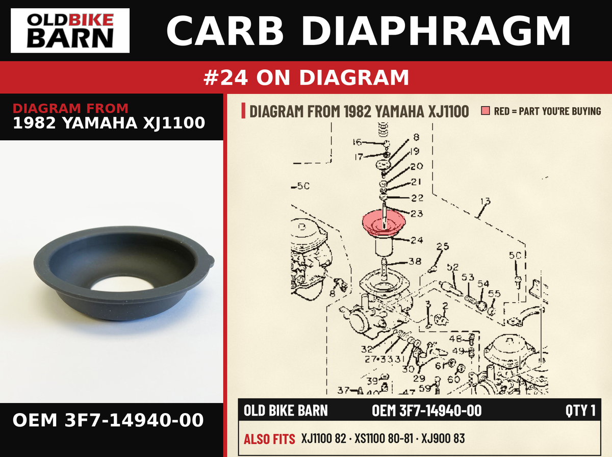 CARB DIAPHRAGM OEM 3F7-14940-00 diagram #24 from 1982 YAMAHA XJ1100 | Old Bike Barn