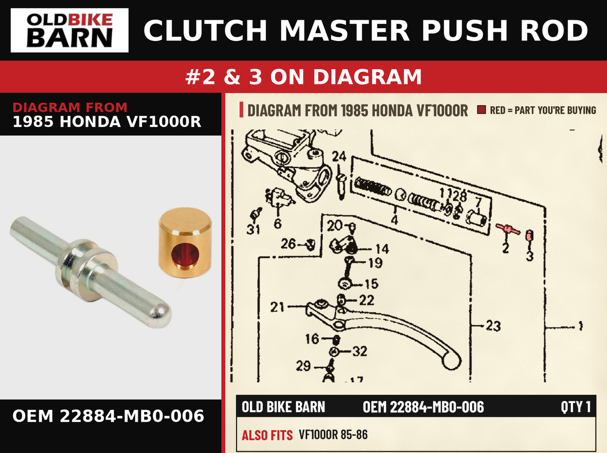 CLUTCH MASTER PUSH ROD OEM 22884-MB0-006 diagram #2 & 3 from 1985 HONDA VF1000R | Old Bike Barn