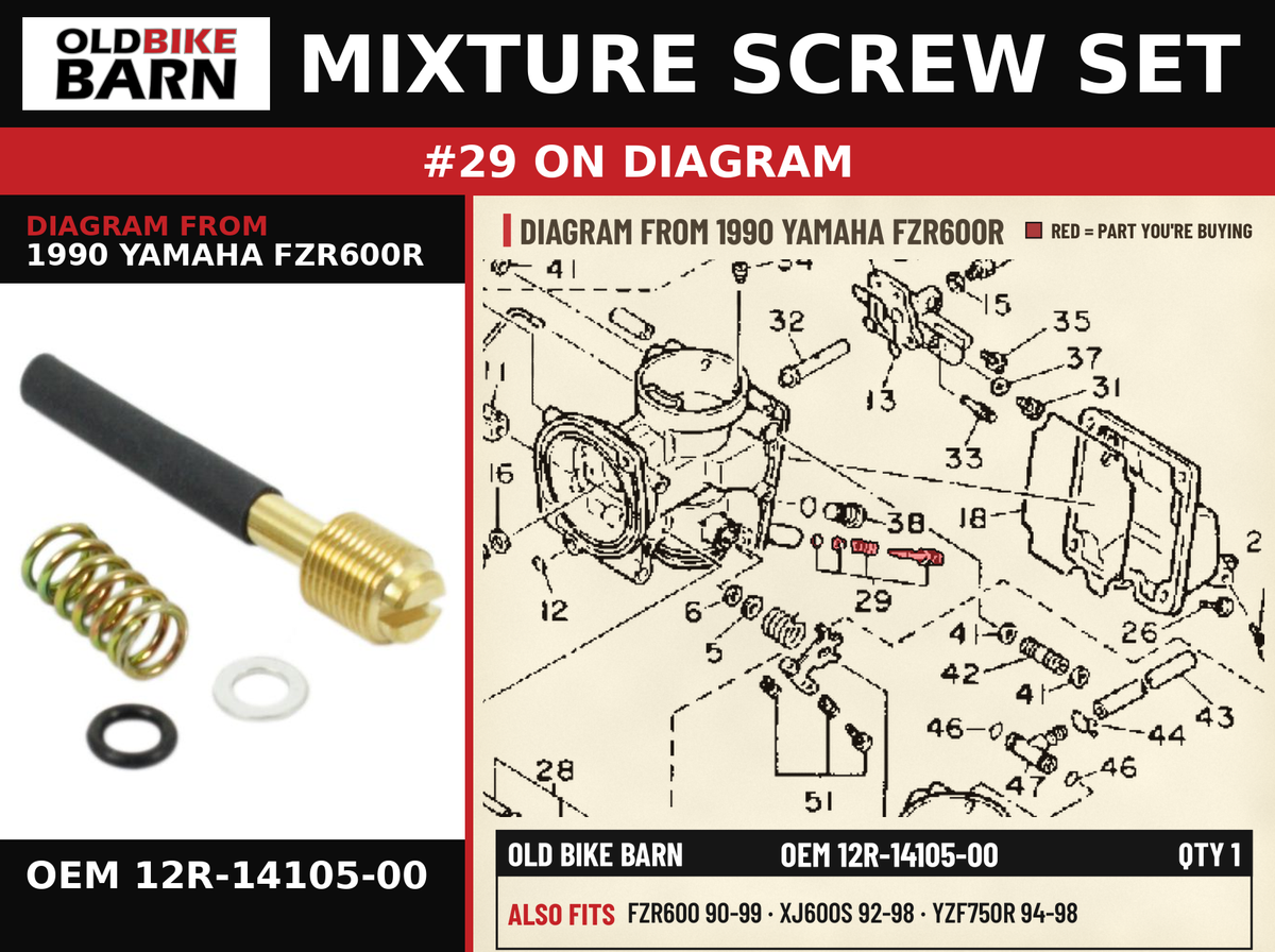 MIXTURE SCREW SET OEM 12R-14105-00 diagram #29 from 1990 YAMAHA FZR600R | Old Bike Barn