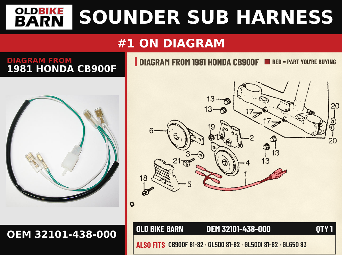 SOUNDER SUB HARNESS OEM 32101-438-000 diagram #1 from 1981 HONDA CB900F | Old Bike Barn