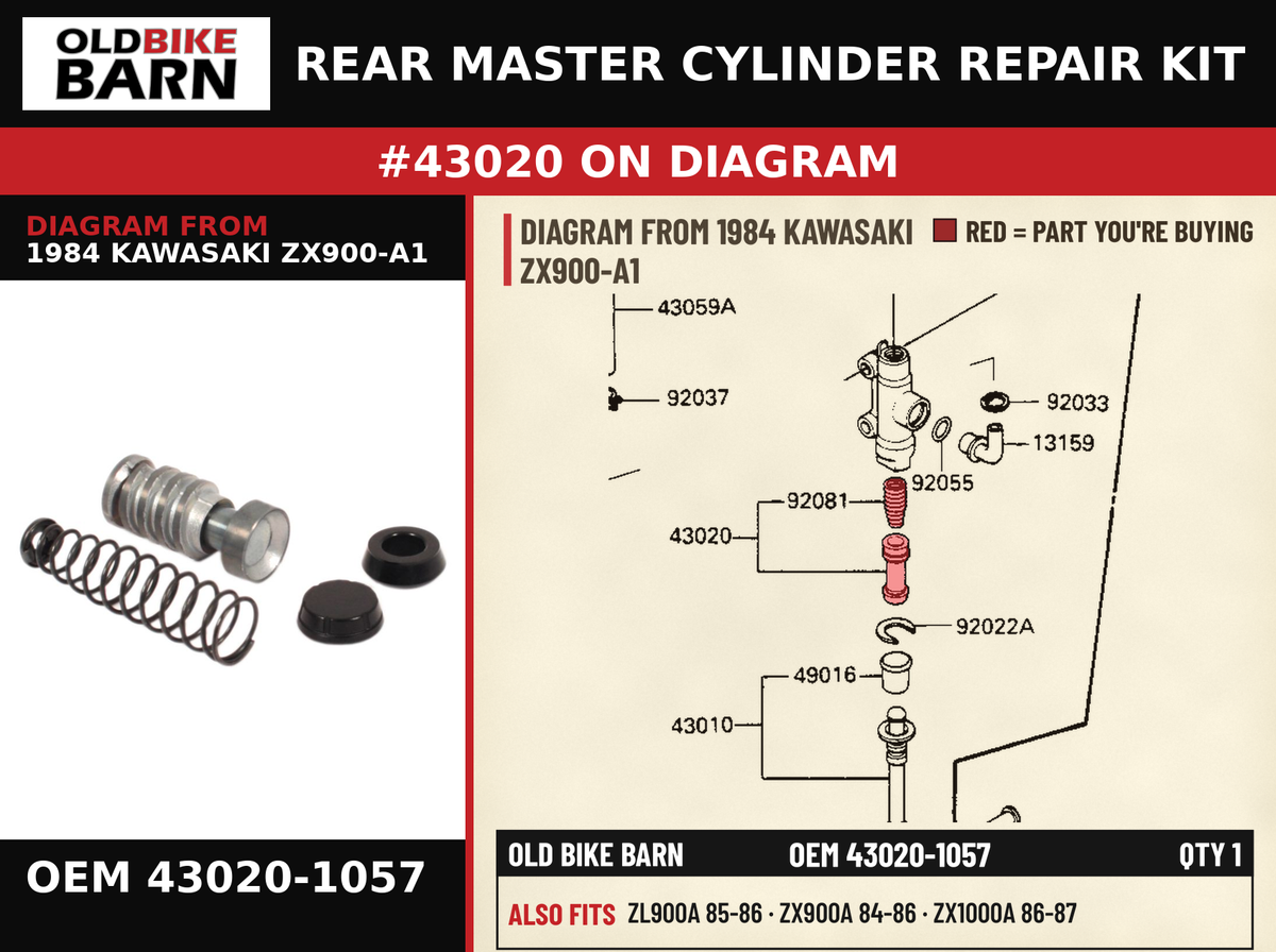 REAR MASTER CYLINDER REPAIR KIT OEM 43020-1057 diagram #43020 from 1984 KAWASAKI ZX900-A1 | Old Bike Barn