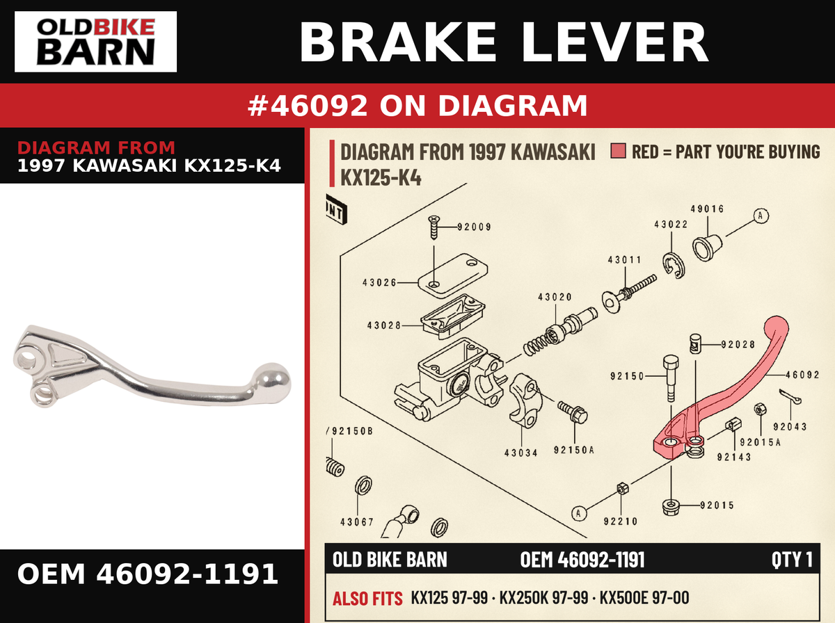BRAKE LEVER OEM 46092-1191 diagram #46092 from 1997 KAWASAKI KX125-K4 | Old Bike Barn