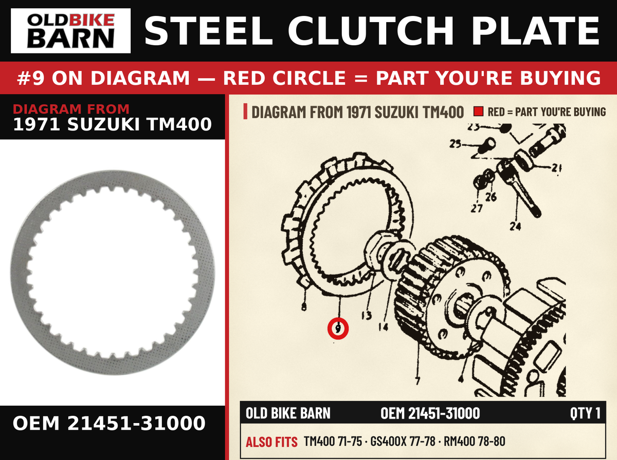 STEEL CLUTCH PLATE OEM 21451-31000 diagram #9 from 1971 SUZUKI TM400 | Old Bike Barn