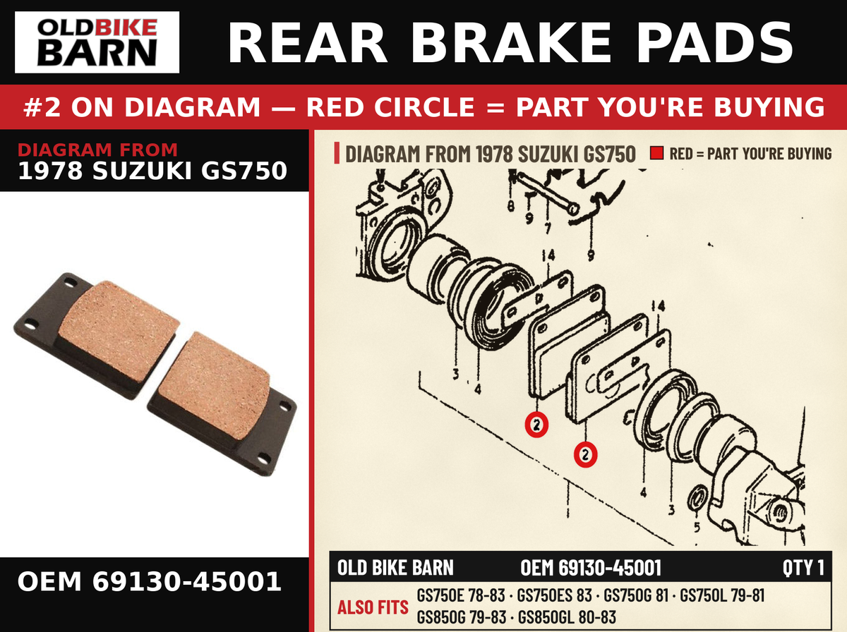 REAR BRAKE PADS OEM 69130-45001 diagram #2 from 1978 SUZUKI GS750 | Old Bike Barn
