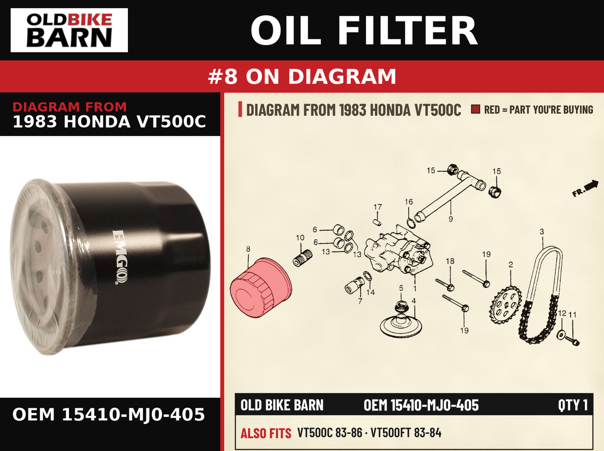 OIL FILTER OEM 15410-MJ0-405 diagram #8 from 1983 HONDA VT500C | Old Bike Barn