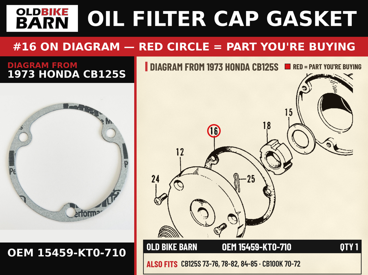 OIL FILTER CAP GASKET OEM 15459-KT0-710 diagram #16 from 1973 HONDA CB125S | Old Bike Barn