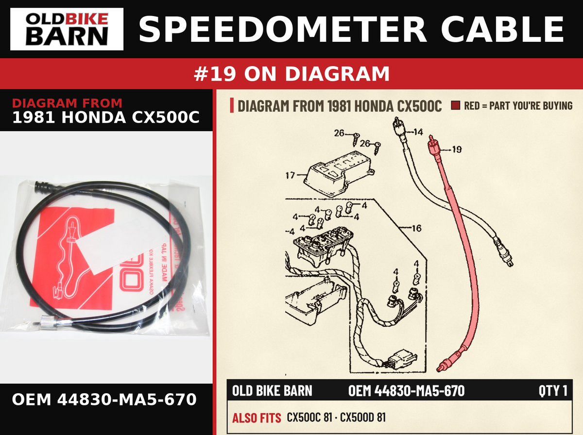 SPEEDOMETER CABLE OEM 44830-MA5-670 diagram #19 from 1981 HONDA CX500C | Old Bike Barn