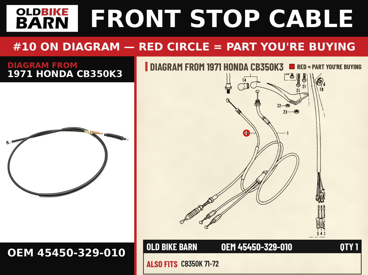 FRONT STOP CABLE OEM 45450-329-010 diagram #10 from 1971 HONDA CB350K3 | Old Bike Barn