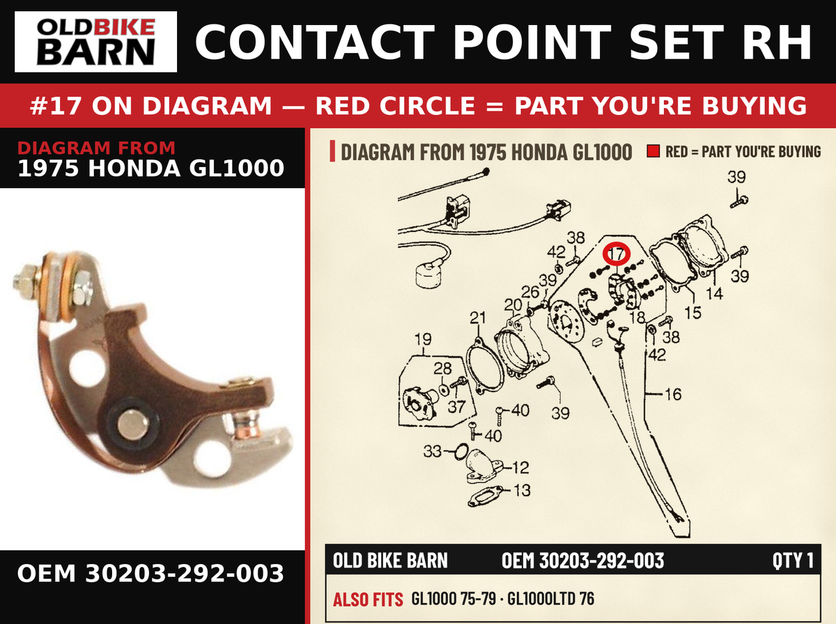 CONTACT POINT SET RH OEM 30203-292-003 diagram #17 from 1975 HONDA GL1000 | Old Bike Barn