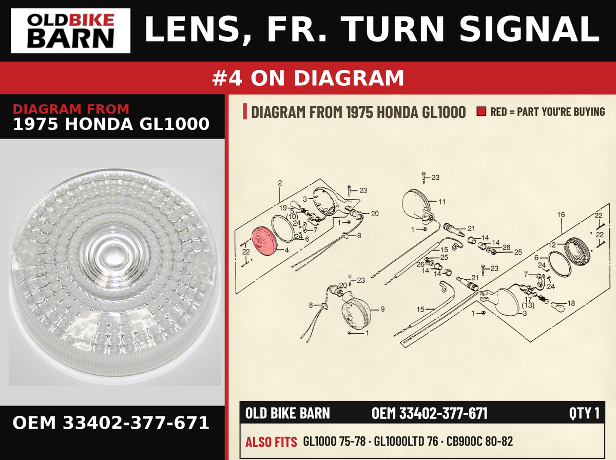 LENS, FR. TURN SIGNAL OEM 33402-377-671 diagram #4 from 1975 HONDA GL1000 | Old Bike Barn
