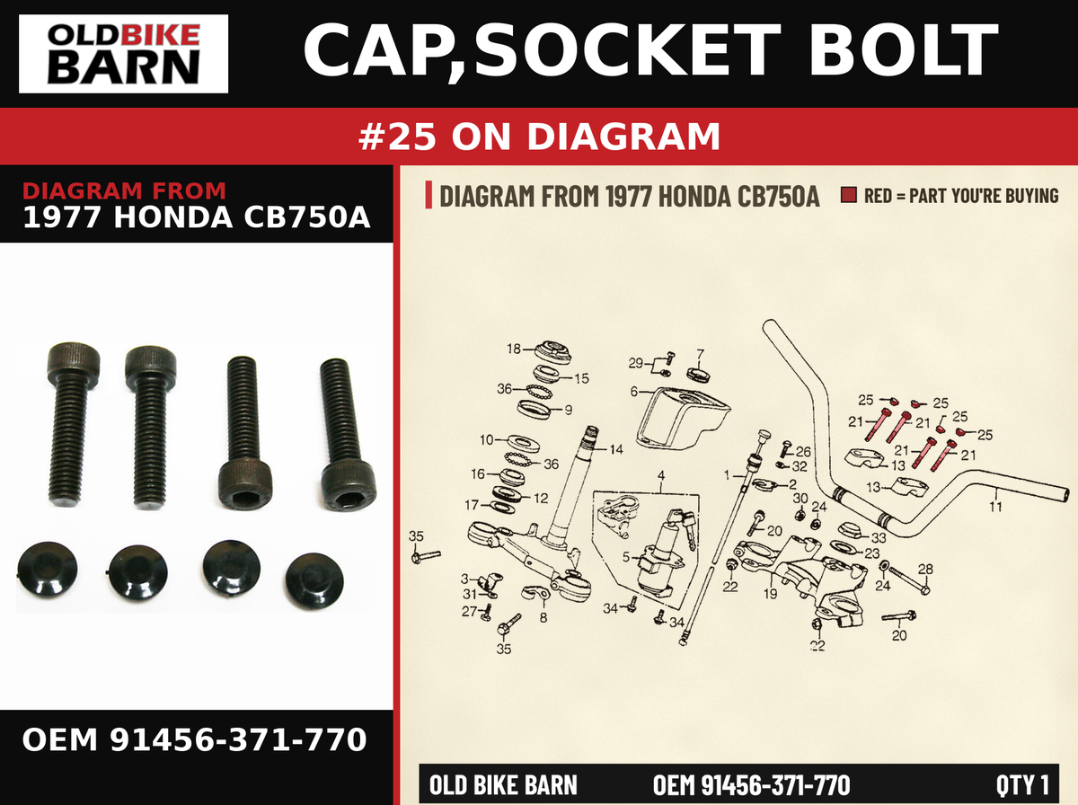 CAP,SOCKET BOLT OEM 91456-371-770 diagram #25 from 1977 HONDA CB750A | Old Bike Barn