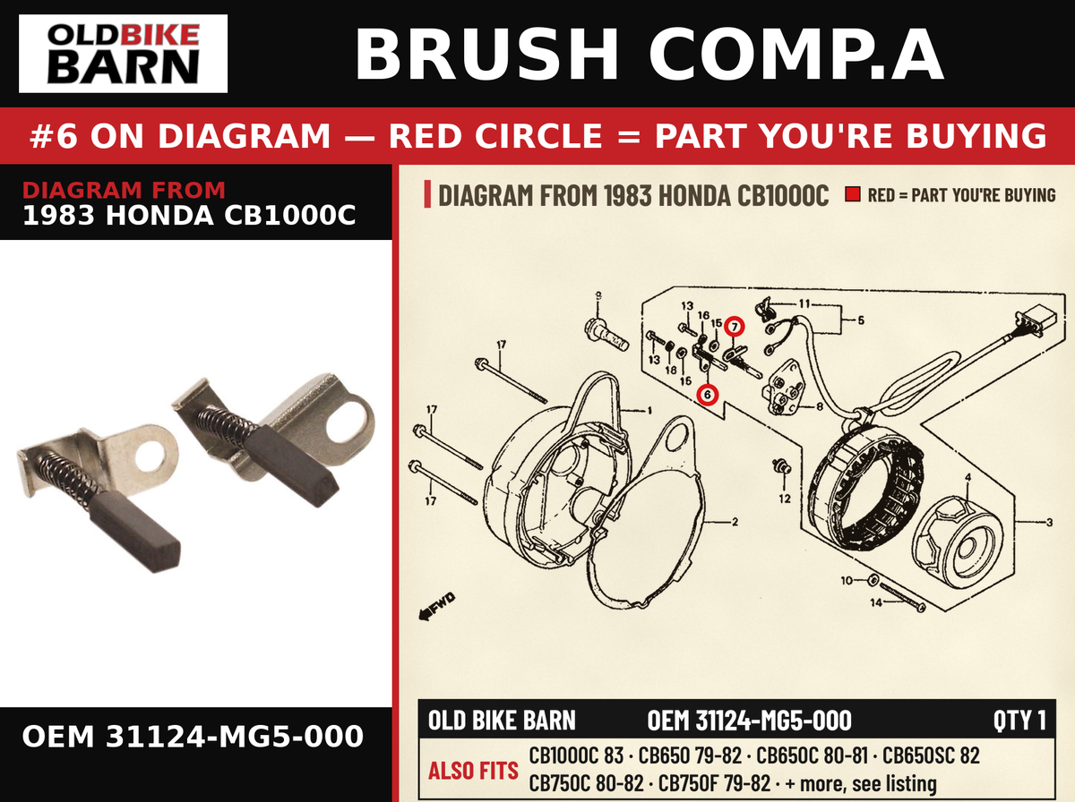 BRUSH COMP.A OEM 31124-MG5-000 diagram #6 from 1983 HONDA CB1000C | Old Bike Barn
