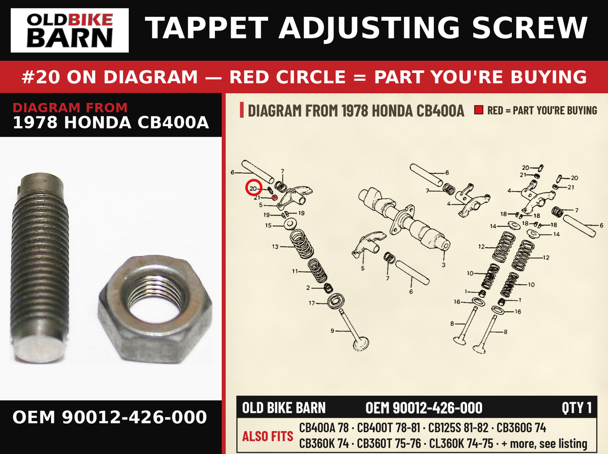TAPPET ADJUSTING SCREW OEM 90012-426-000 diagram #20 from 1978 HONDA CB400A | Old Bike Barn