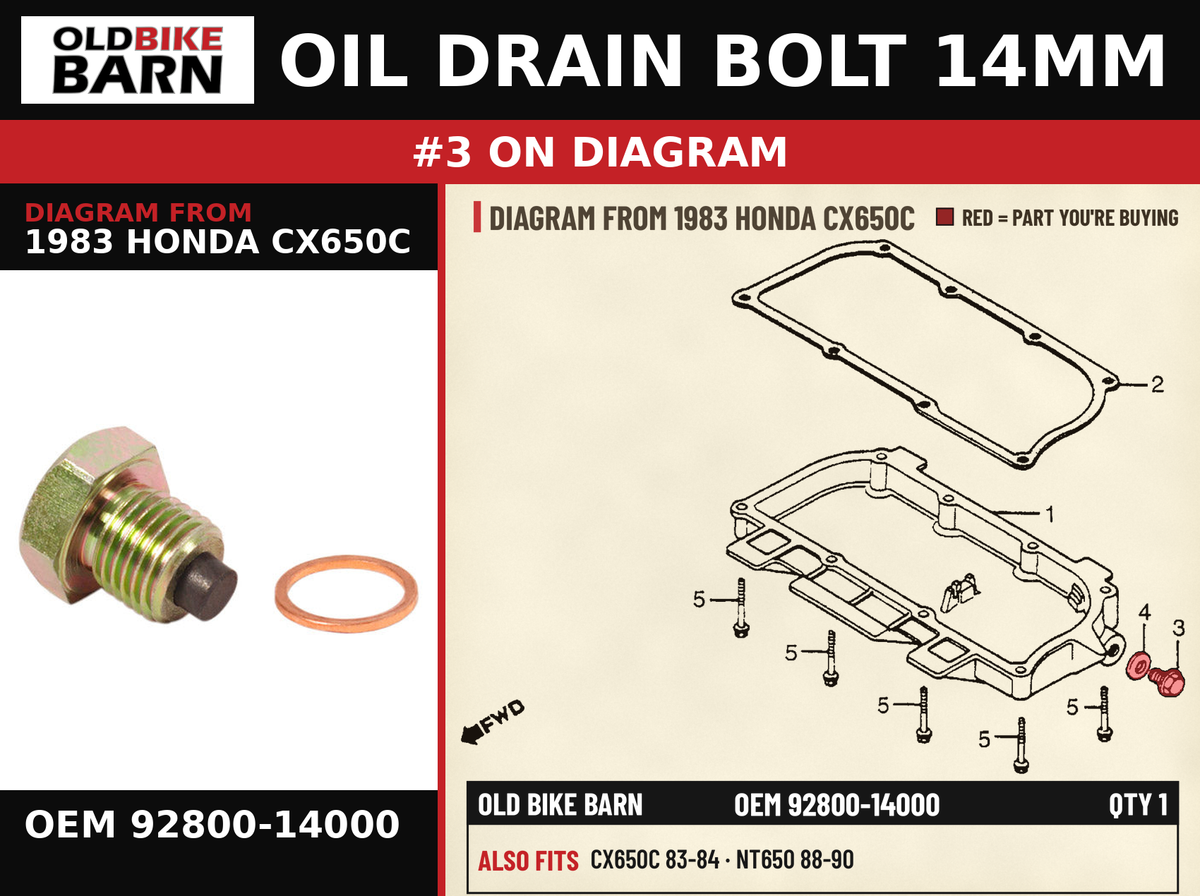 OIL DRAIN BOLT 14MM OEM 92800-14000 diagram #3 from 1983 HONDA CX650C | Old Bike Barn