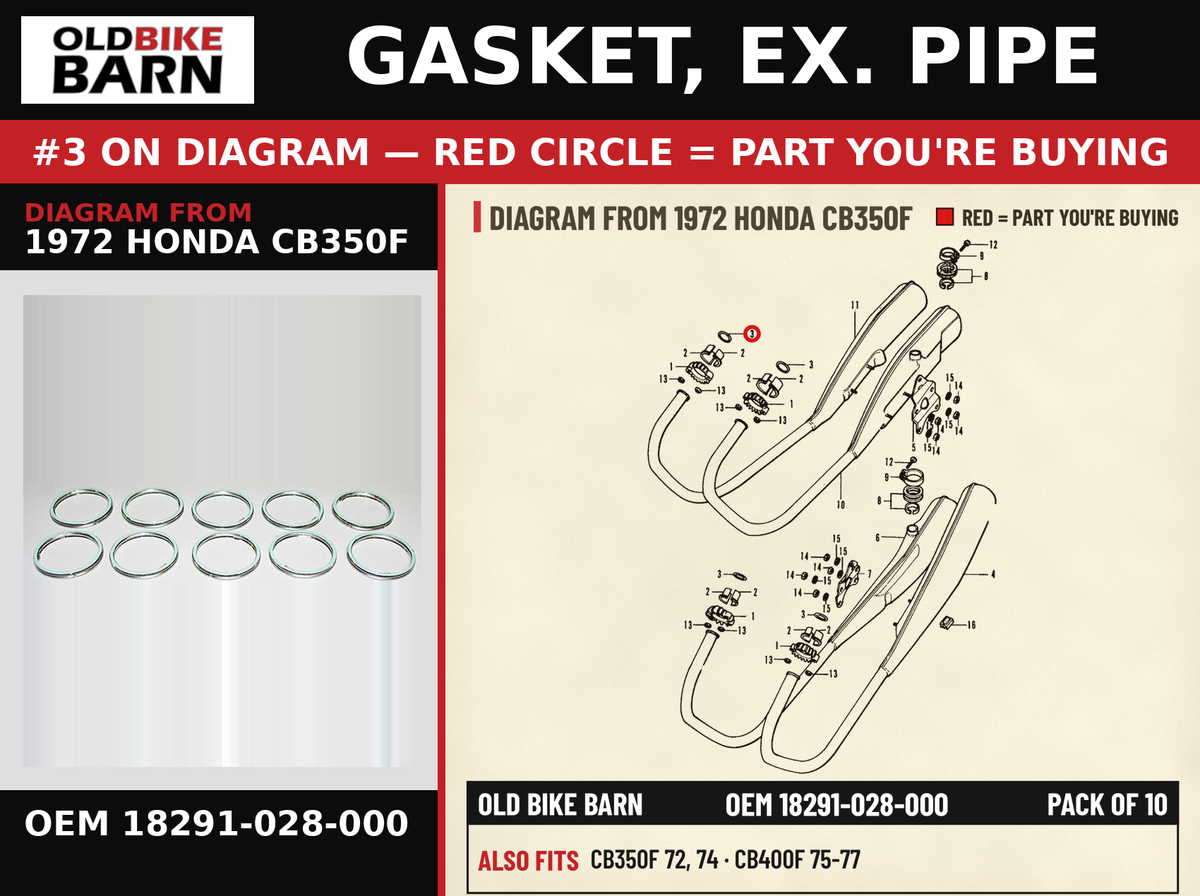 GASKET, EX. PIPE OEM 18291-028-000 diagram #3 from 1972 HONDA CB350F | Old Bike Barn