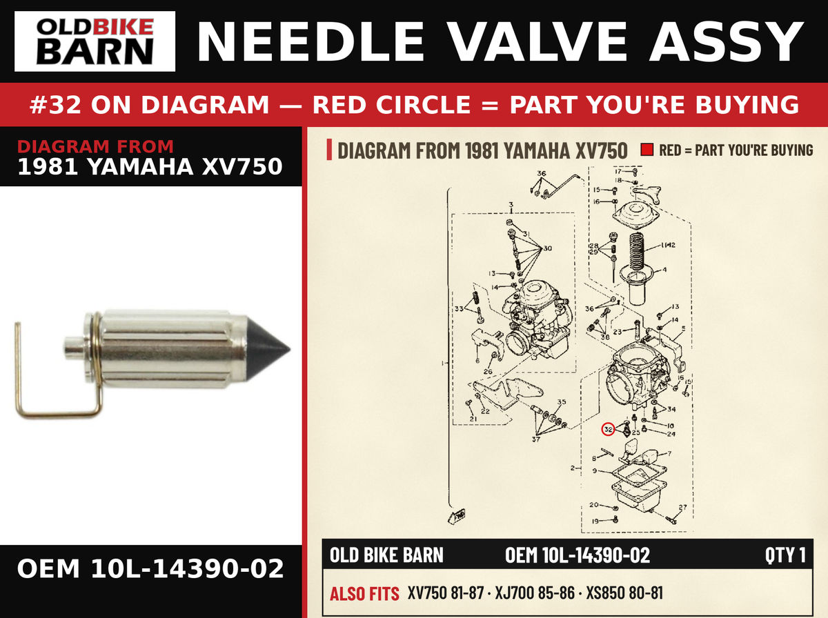 NEEDLE VALVE ASSY OEM 10L-14390-02 diagram #32 from 1981 YAMAHA XV750 | Old Bike Barn