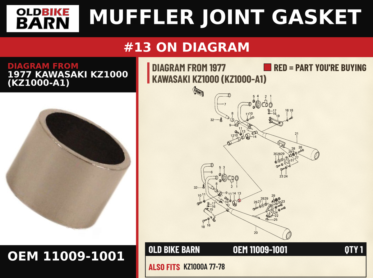 GASKET,EXHAUST PIPE OEM 11009-1001 diagram #13 from 1977 KAWASAKI KZ1000 (KZ1000-A1) | Old Bike Barn