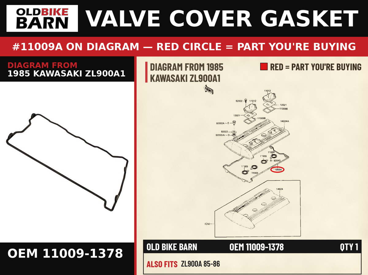 GASKET,CYLINDER HEAD (NAS) OEM 11009-1378 diagram #11009A from 1985 KAWASAKI ZL900A1 | Old Bike Barn