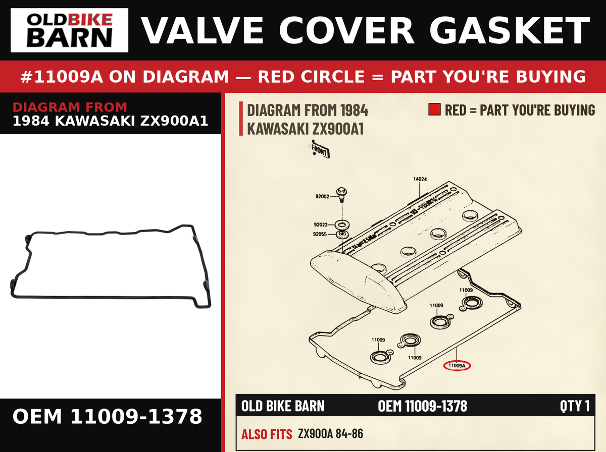 GASKET,CYLINDER HEAD (NAS) OEM 11009-1378 diagram #11009A from 1984 KAWASAKI ZX900A1 | Old Bike Barn