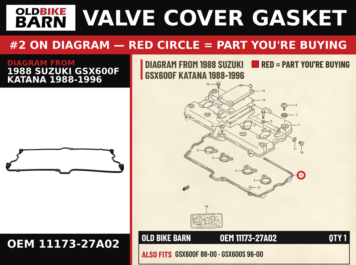 GASKET CYLINDER OEM 11173-27A02 diagram #2 from 1988 SUZUKI GSX600F KATANA 1988-1996 | Old Bike Barn