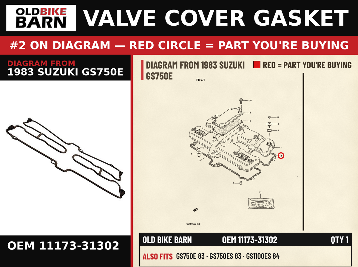 GASKET,HEAD COVER (NAS) OEM 11173-31302 diagram #2 from 1983 SUZUKI GS750E | Old Bike Barn