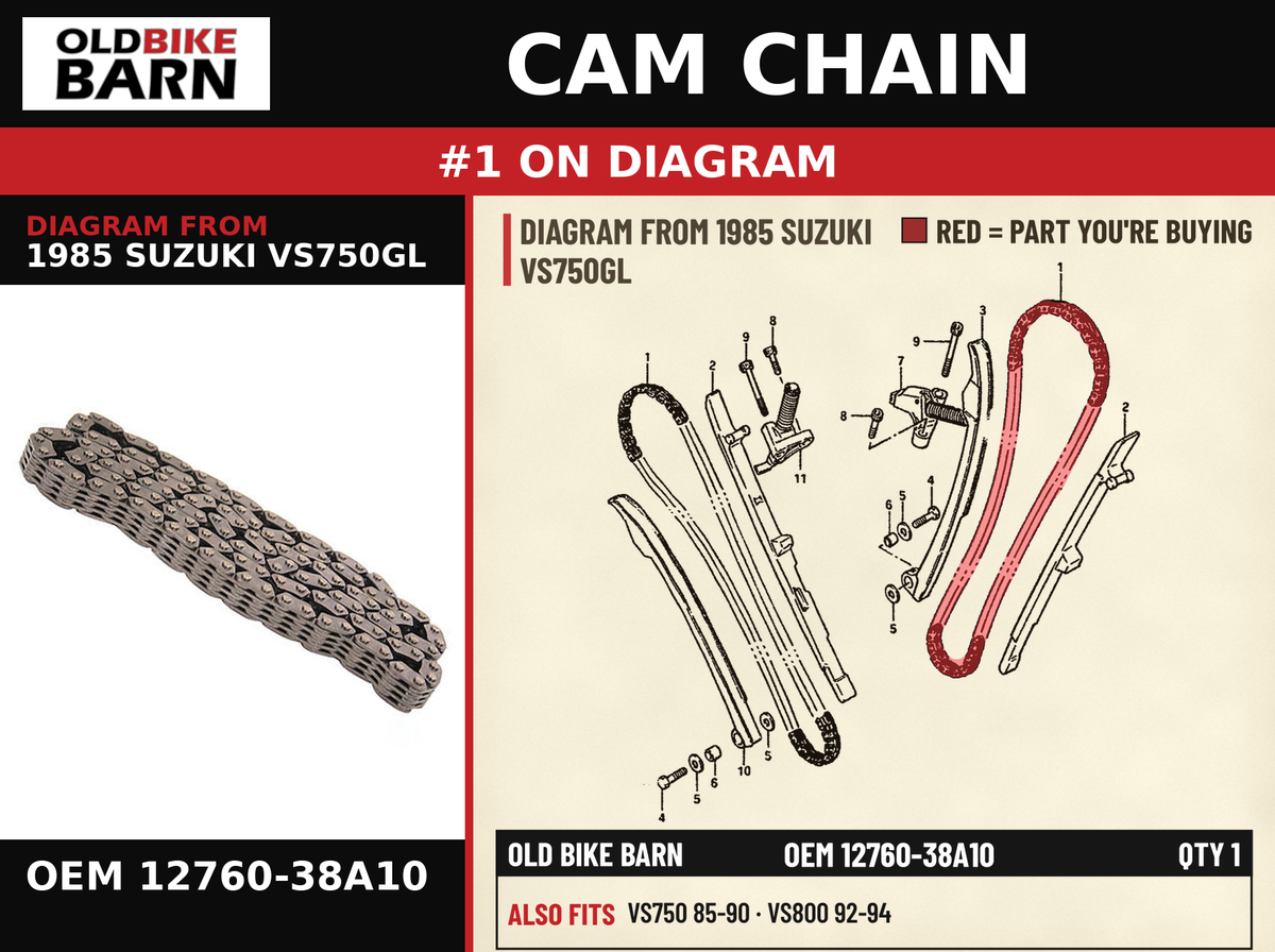 CHAIN,CAMSHAFT DRIVE OEM 12760-38A10 diagram #1 from 1985 SUZUKI VS750GL | Old Bike Barn
