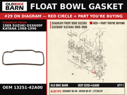 O RING,FLOAT CH OEM 13251-42A00 diagram #29 from 1988 SUZUKI GSX600F KATANA 1988-1996 | Old Bike Barn