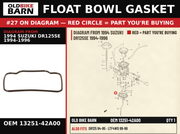 O RING,FLOAT CH OEM 13251-42A00 diagram #27 from 1994 SUZUKI DR125SE 1994-1996 | Old Bike Barn