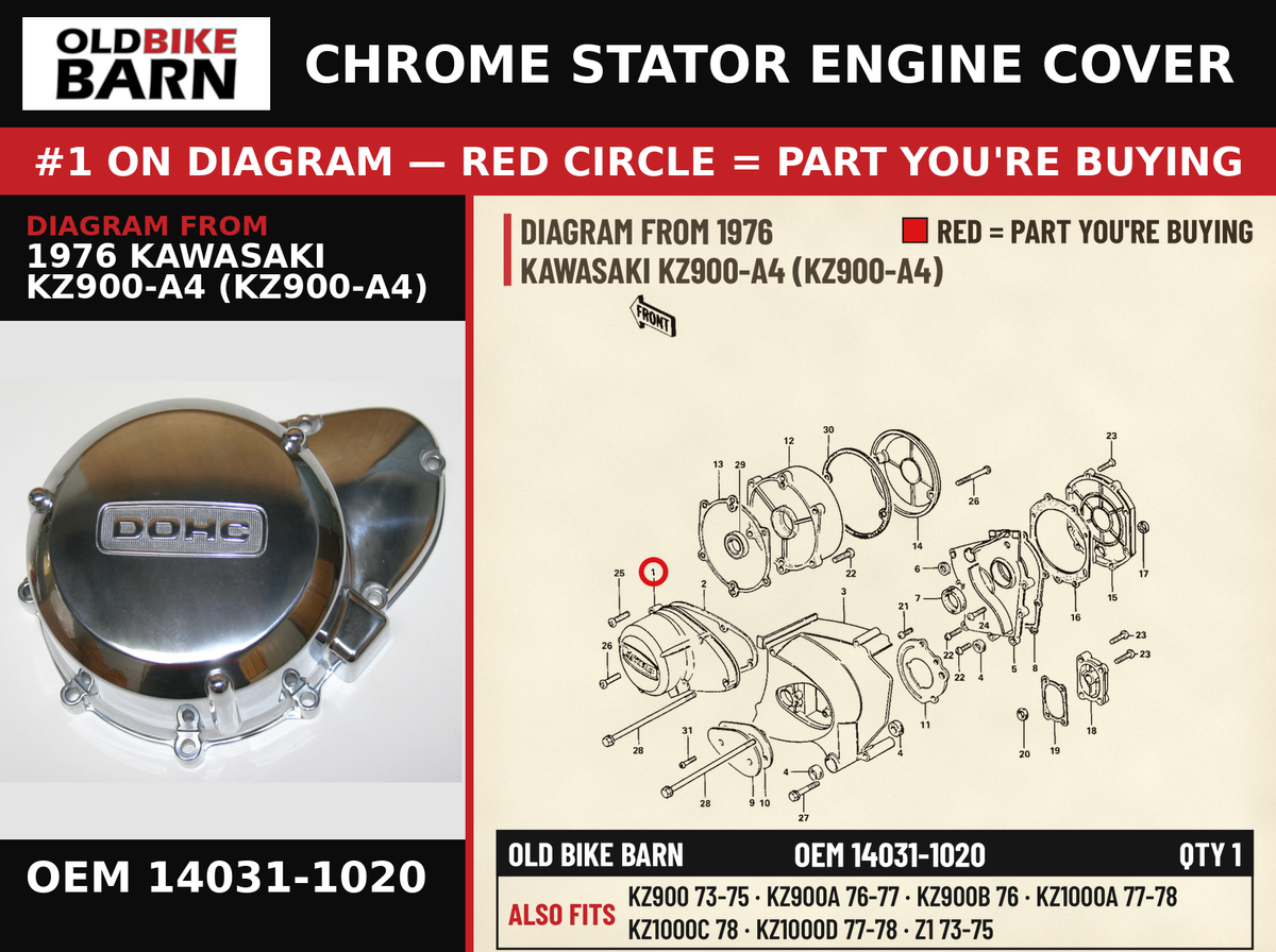 COVER,L.H ENGINE OEM 14031-1020 diagram #1 from 1976 KAWASAKI KZ900-A4 (KZ900-A4) | Old Bike Barn