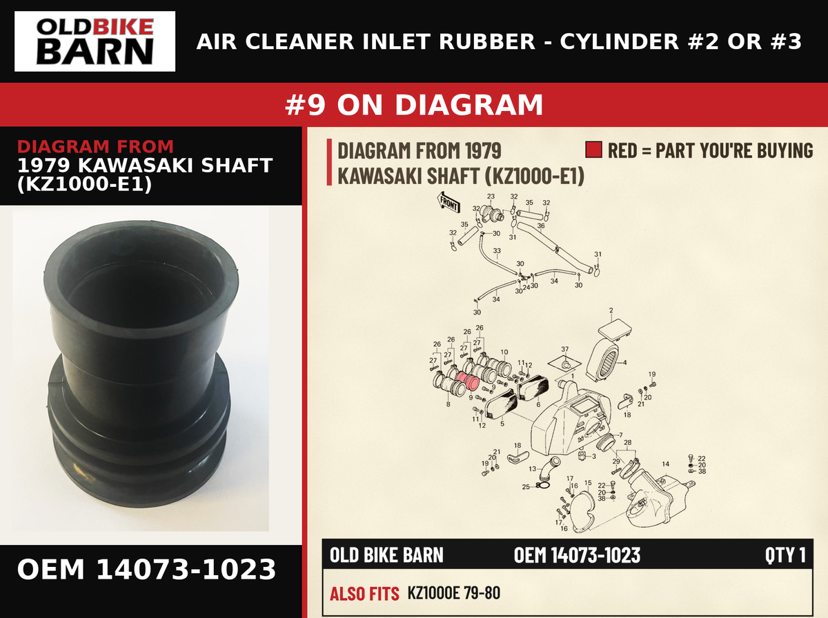 DUCT,AIR CLEANER,#2,3 OEM 14073-1023 diagram #9 from 1979 KAWASAKI SHAFT (KZ1000-E1) | Old Bike Barn