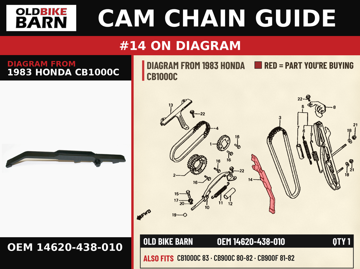 GUIDE,CAM CHAIN OEM 14620-438-010 diagram #14 from 1983 HONDA CB1000C | Old Bike Barn