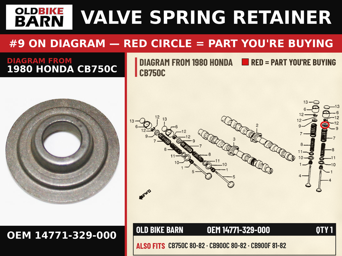RETAINER,VLV.SPG. OEM 14771-329-000 diagram #9 from 1980 HONDA CB750C | Old Bike Barn