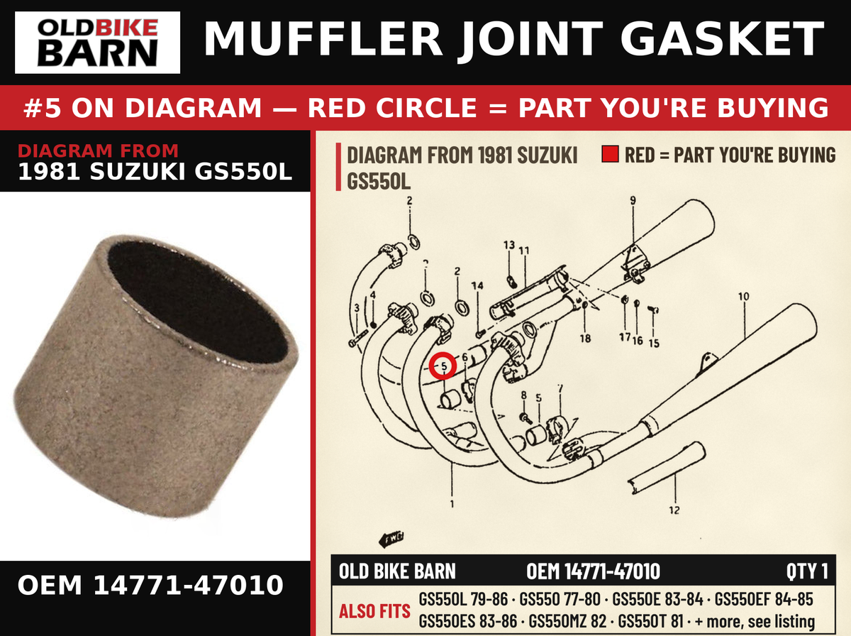 CONNECTOR,MUFFLER OEM 14771-47010 diagram #5 from 1981 SUZUKI GS550L | Old Bike Barn